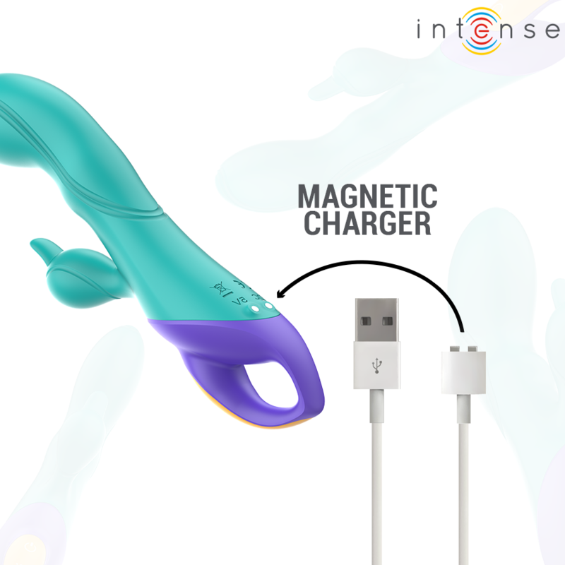 Blue cordless vibrator with rabbit-shaped clitoral stimulator and magnetic USB charger cable.