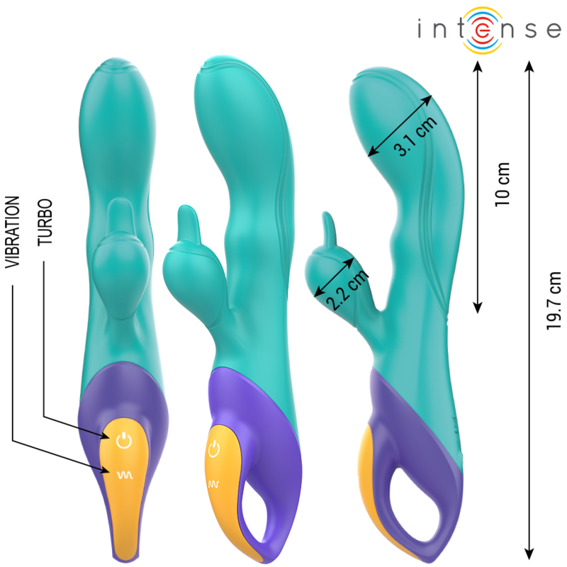 Blue rabbit vibrator with curved shaft, dual motors, ergonomic handle, and purple control panel.