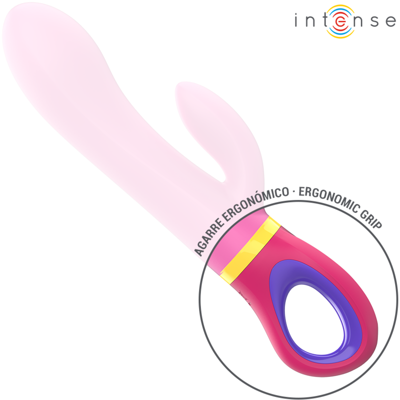 Pink rabbit vibrator with curved tip, flexible clitoral stimulator, and ergonomic red and purple handle with yellow accent.