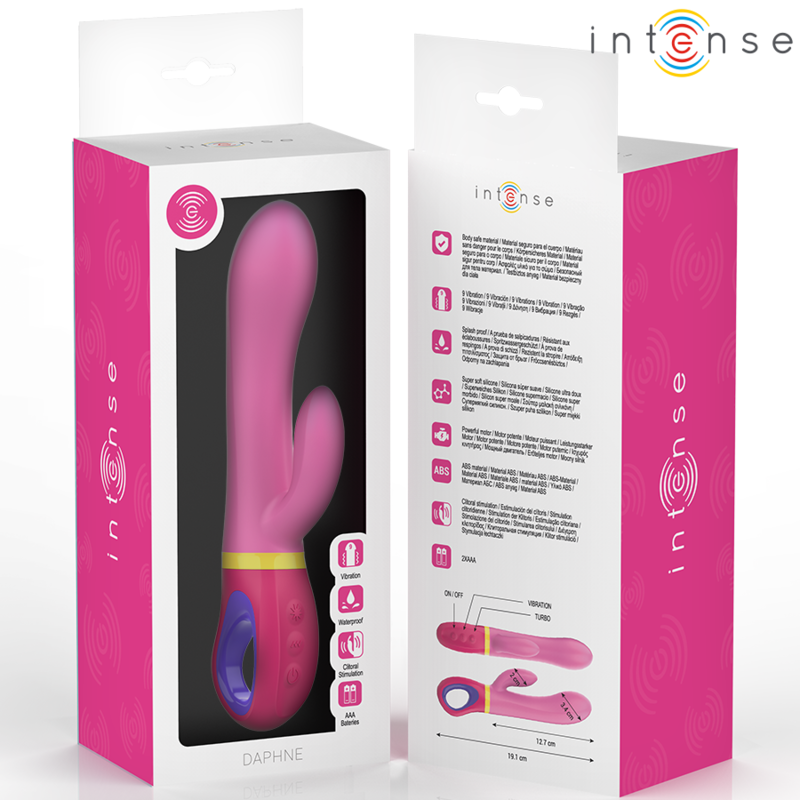Daphne pink rabbit vibrator with curved shaft and flexible clitoral stimulator in clear packaging.