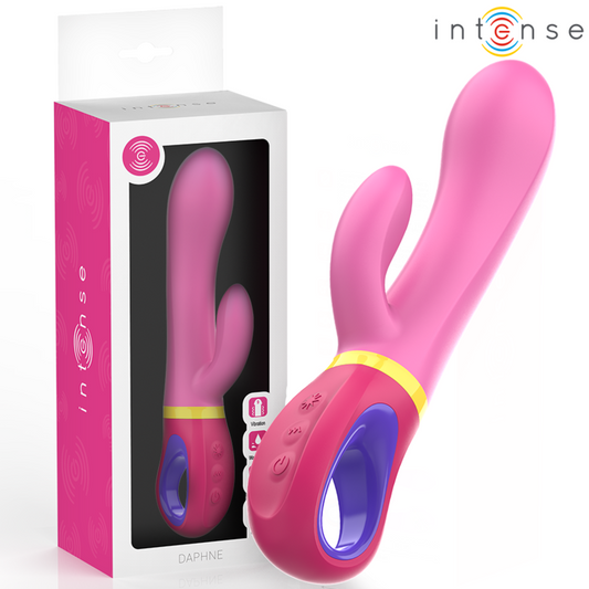 Pink rabbit vibrator with curved shaft, dual motors, and ergonomic purple handle with gold accent.