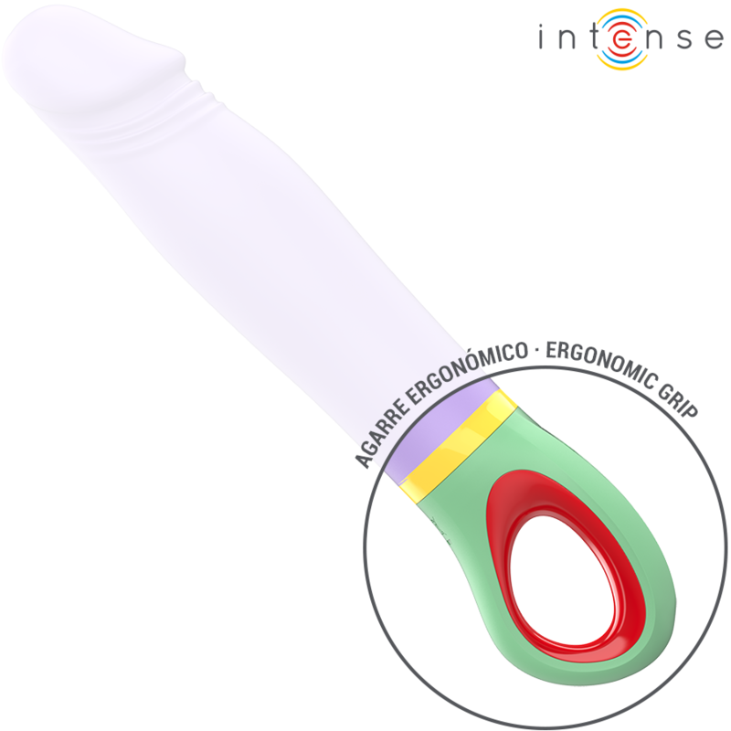 Light purple vibrator with curved tip and ergonomic multicolor green, yellow, and red handle with oval grip hole.