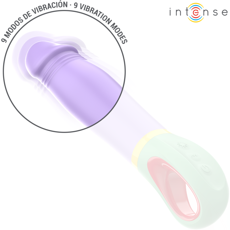 Purple vibrator with curved, ribbed head and white handle featuring buttons and a yellow ring accent.
