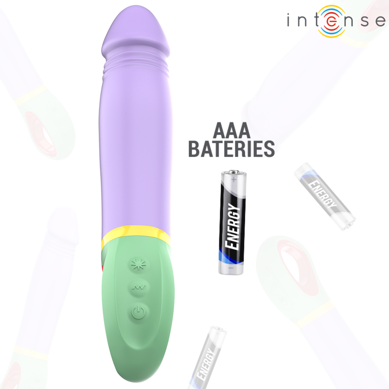 Purple vibrator with green base and yellow accent, featuring two control buttons and smooth shaft.