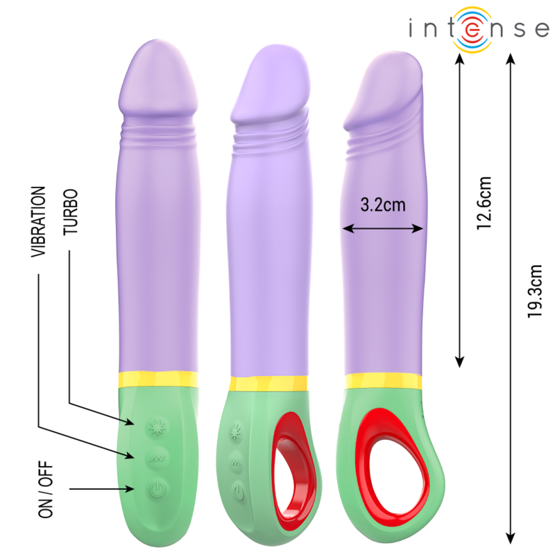 Purple silicone vibrator with curved tip, textured shaft, yellow and green handle, red ring grip, measurement markings.