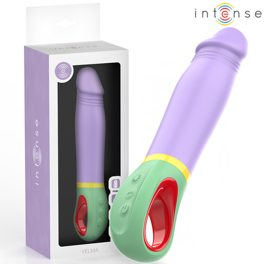 Purple silicone vibrator with curved tip, green handle, and red accent grip.