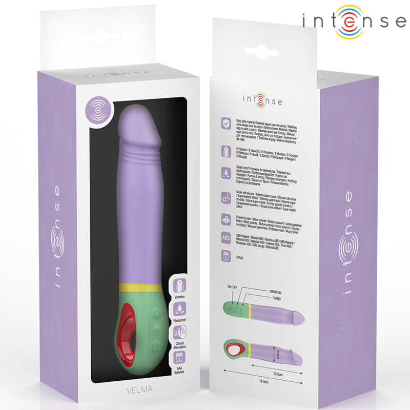 Purple classic vibrator with curved tip, rainbow-striped base, and red control dial in branded packaging.