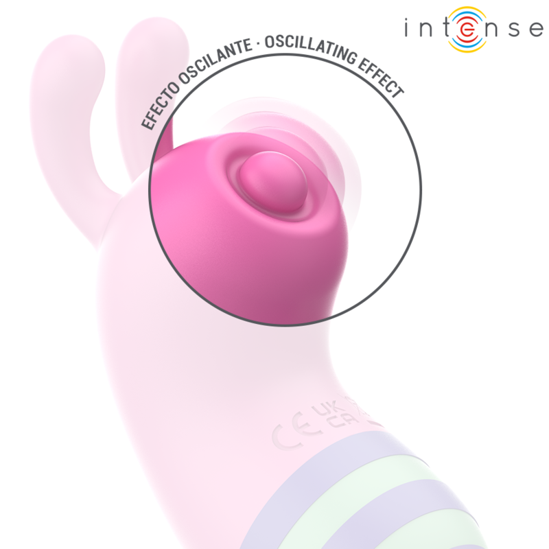 Pink dual-arm silicone tongue stimulator with oscillating, pulsation feature and striped base.