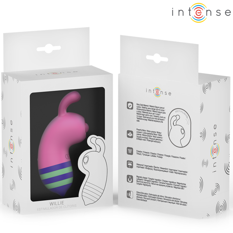 Pink silicone tongue stimulator with curved tip and blue striped base in white retail box.