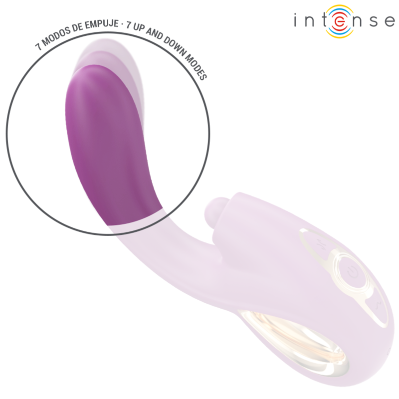 Curved purple multifunction vibrator with smooth tip and ergonomic handle featuring gold and white accents.