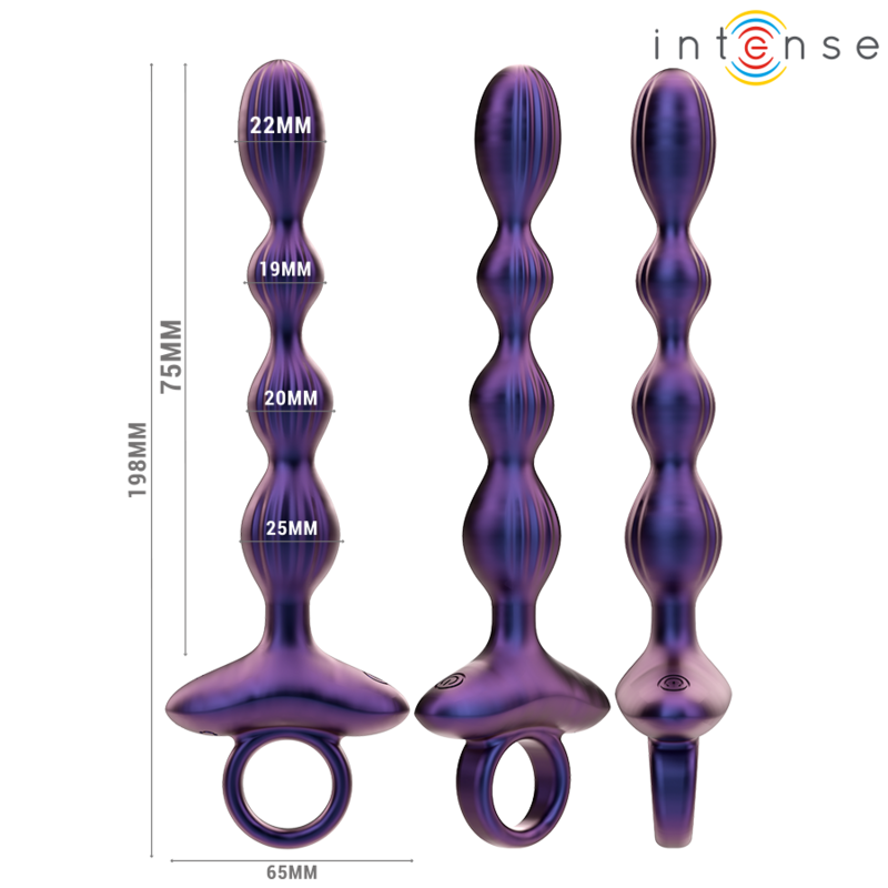 Purple metallic vibrating anal plug with graduated bulb shapes and tapered base ring, shown from three angles with size.