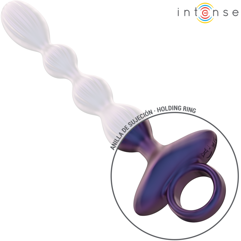 Purple silicone anal plug with four bulb shapes and a ring handle at the base.