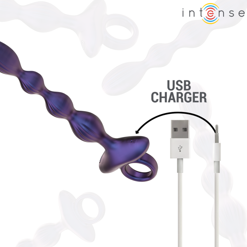 Purple beaded vibrating anal plug with looped handle and USB charging cable.