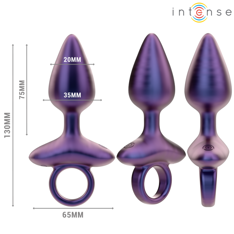 Purple metallic vibrating anal plug with tapered tip, ring handle, and remote control features.