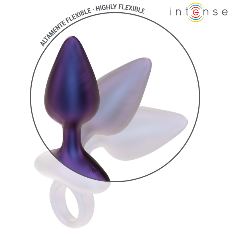 Purple metallic tapered vibrating anal plug with flared base and flexible ring handle.