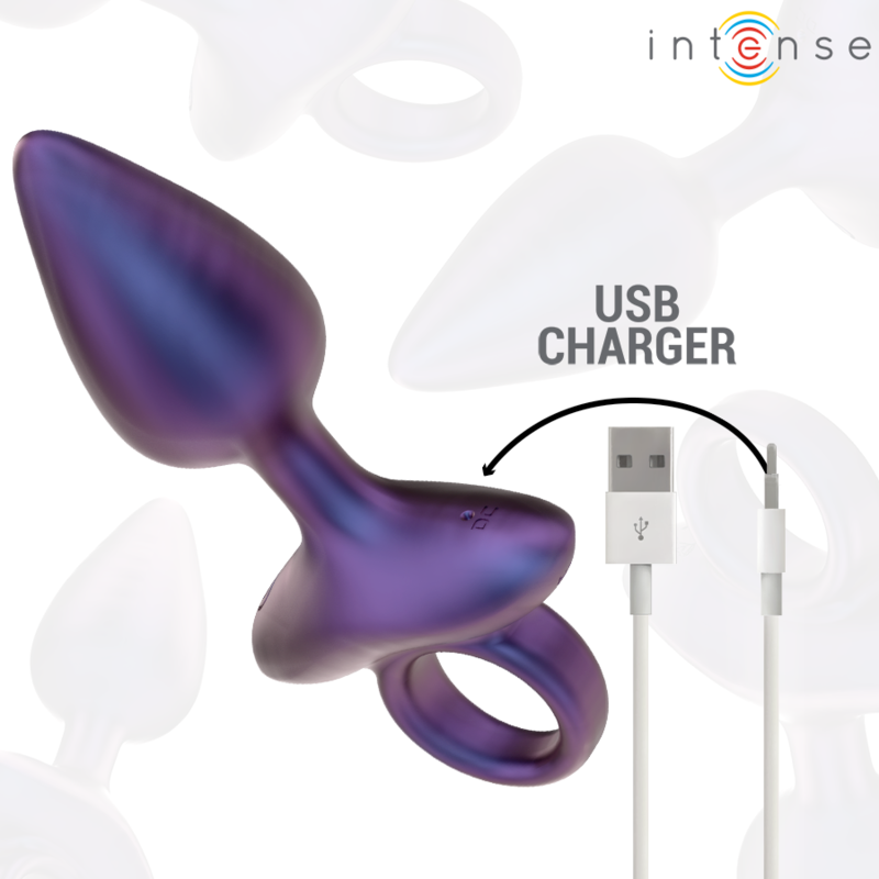 Purple metallic vibrating anal plug with ergonomic ring base and USB charger cable.