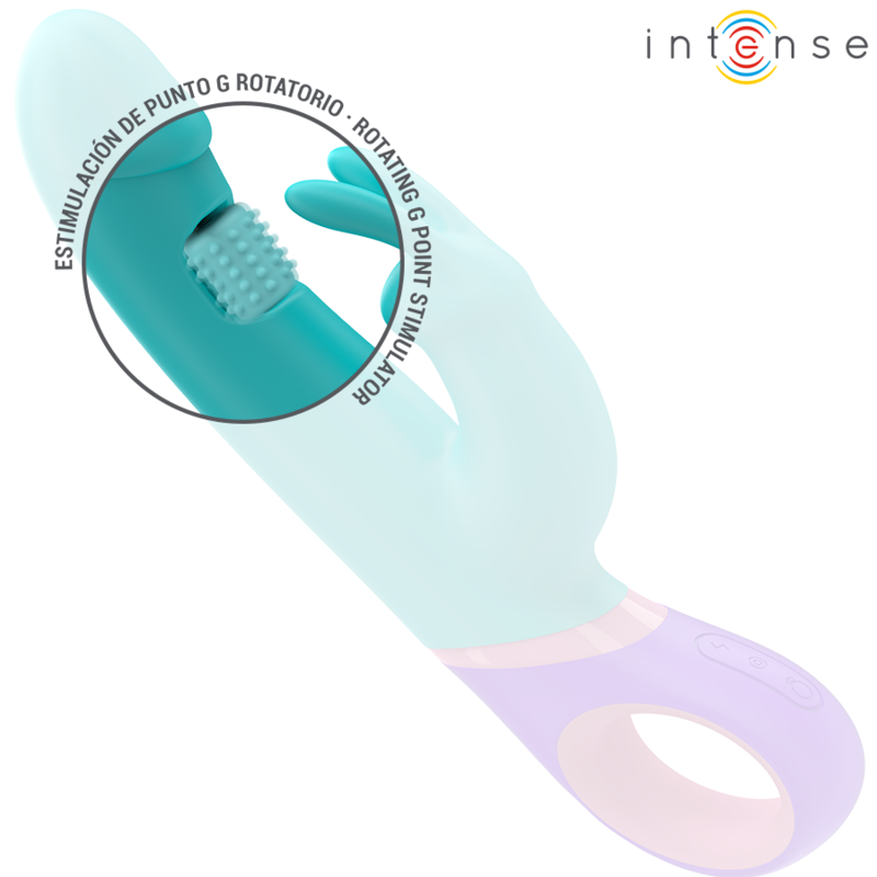 Light blue dual-stimulation vibrator with rotating textured G-spot tip and lavender handle with control buttons.