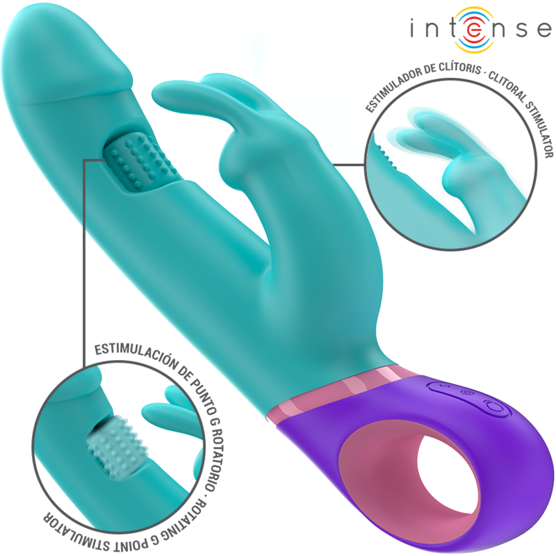 Blue Intense Monica rabbit vibrator with rotating G-spot stimulator and clitoral extension.