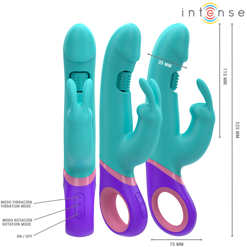 Blue dual-action rabbit vibrator with rotating G-spot stimulator and ergonomic handle with control buttons.
