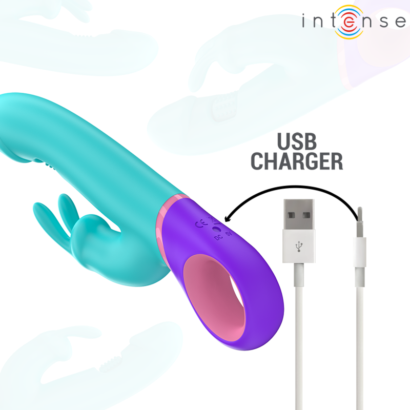Blue rabbit vibrator with rotating G-spot stimulator and USB charging port in purple handle.