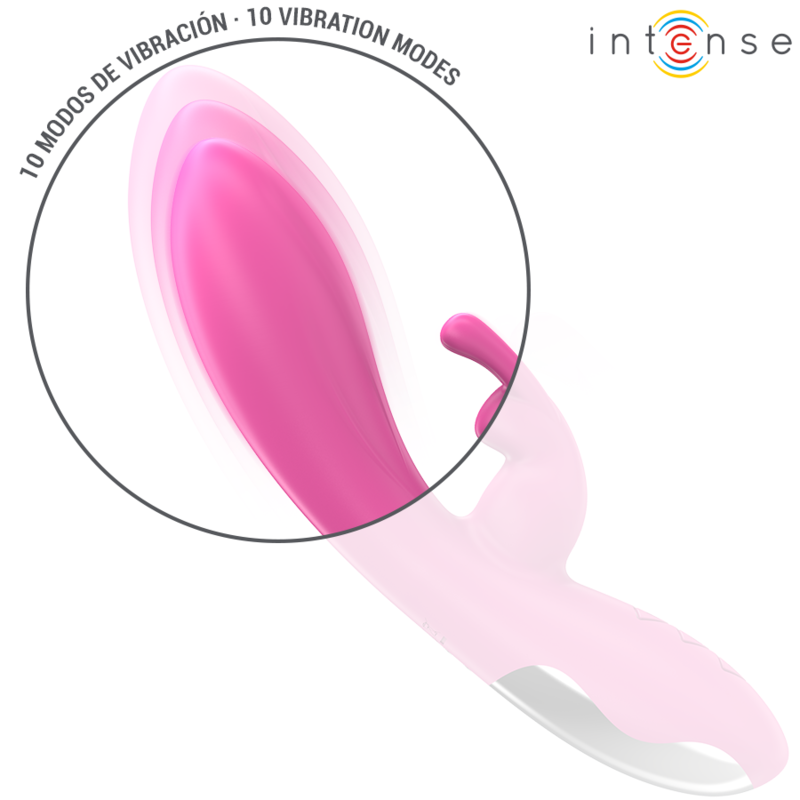 Pink rabbit vibrator with curved shaft, external stimulator, and silver-accented base.