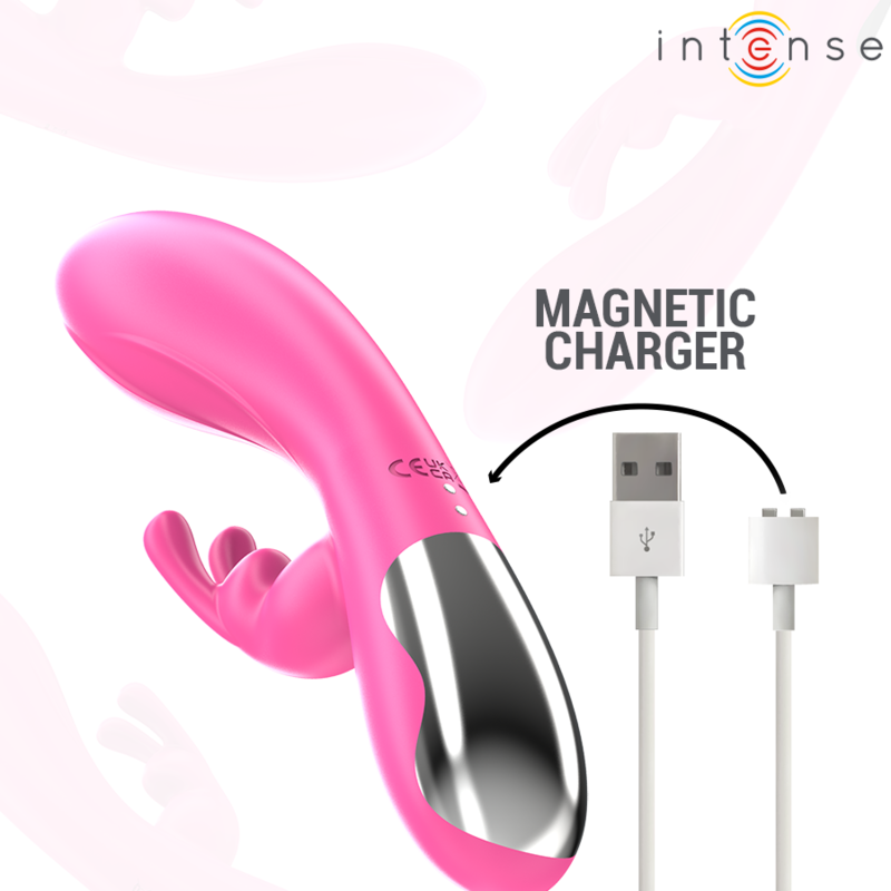 Pink rabbit vibrator with silver base and dual stimulation ears, shown with USB magnetic charger cable.