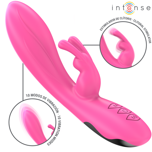 Pink dual-stimulation vibrator with rabbit ears, 10 vibration modes, ergonomic design.