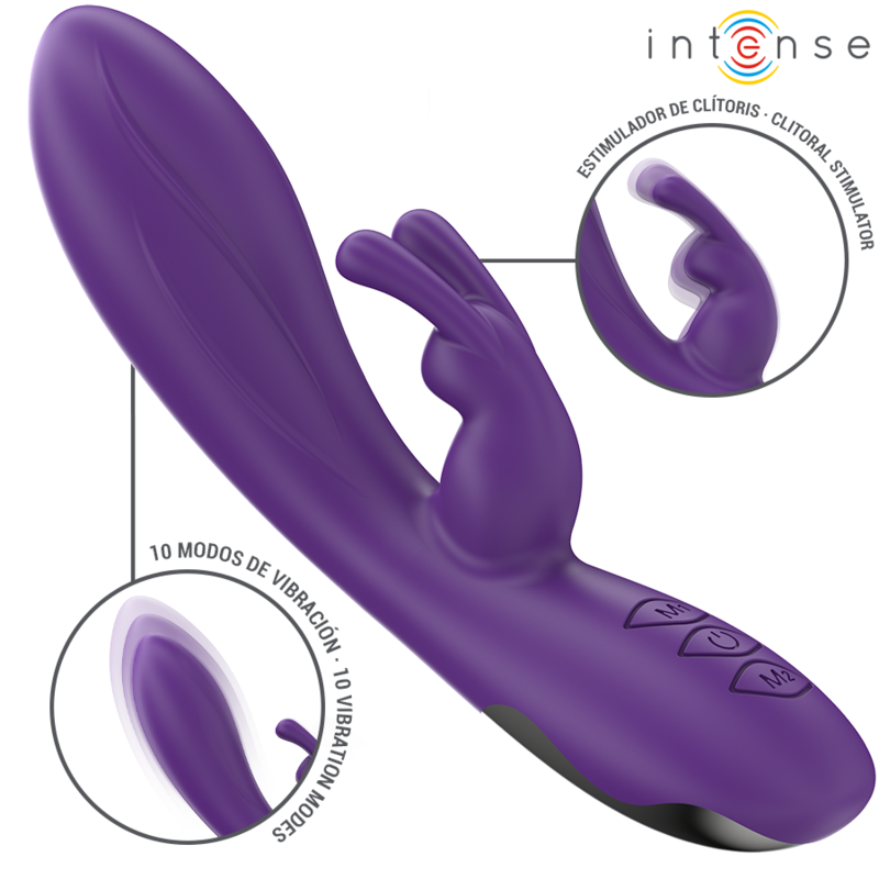 Purple Randall Rabbit vibrator with smooth shaft, textured clitoral stimulator, and control buttons.