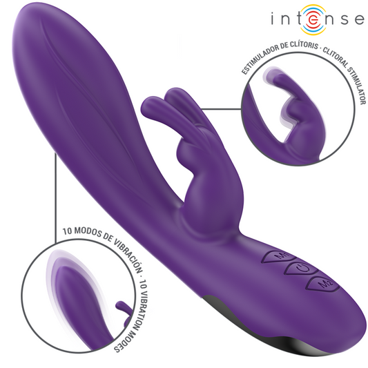 Purple Randall Rabbit vibrator with smooth shaft, textured clitoral stimulator, and control buttons.