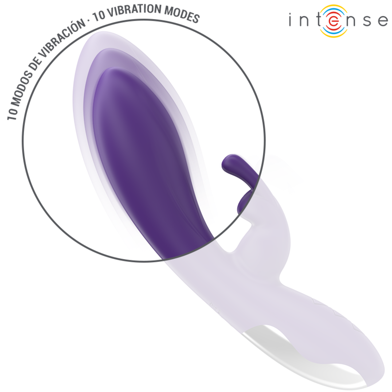 Purple silicone rabbit vibrator with smooth curved shaft and small external stimulator, white base handle.