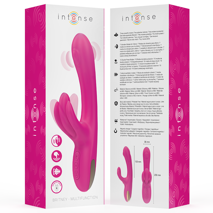 Pink multifunction rabbit vibrator with curved shaft and dual clitoral stimulator, 23 cm long, in white and pink box with.