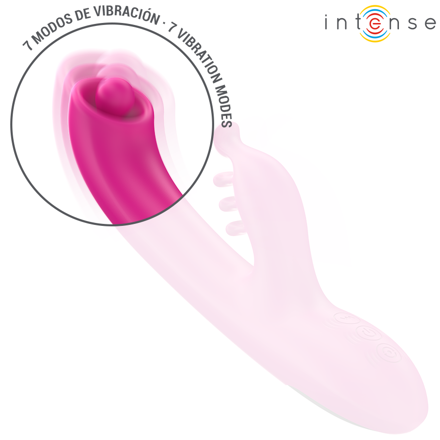 Pink multifunction rabbit vibrator with textured stimulator and curved tip, 22.5 cm long.
