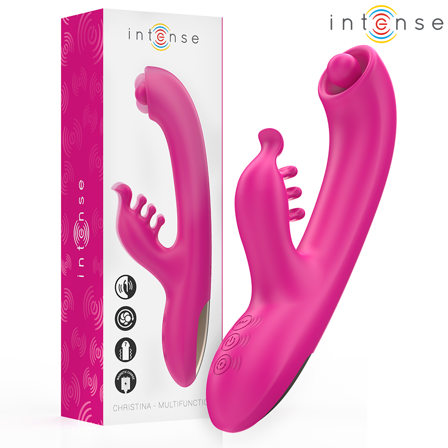 Pink multifunction rabbit vibrator with curved shaft and textured clitoral stimulator, remote control buttons visible.