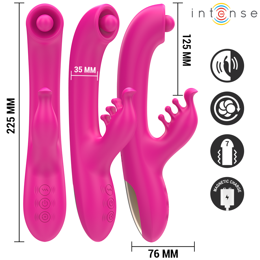 Pink multifunction rabbit vibrator with curved shaft, clitoral stimulator, textured nubs, and control buttons.