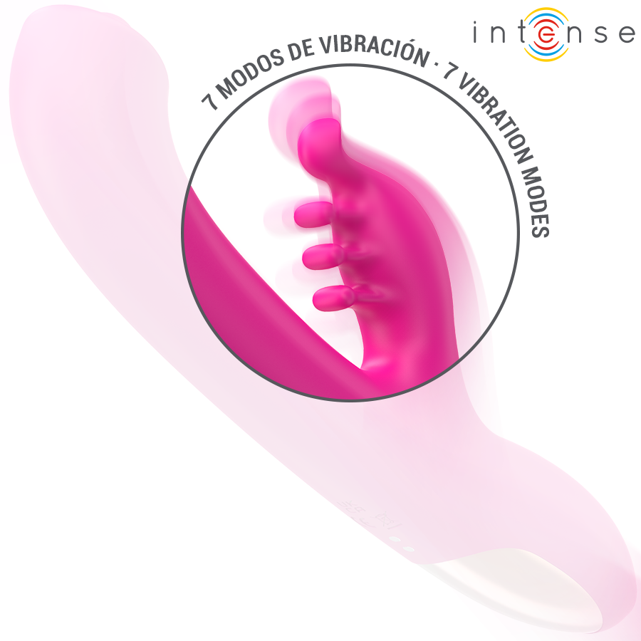 Pink multifunction rabbit vibrator with curved shaft and textured clitoral stimulator showing 7 vibration modes.