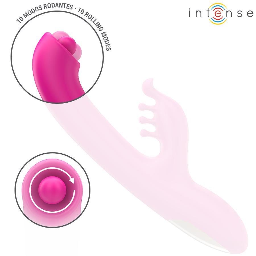 Pink multifunction rabbit vibrator with curved shaft and textured clitoral stimulator, 22.5 cm long.