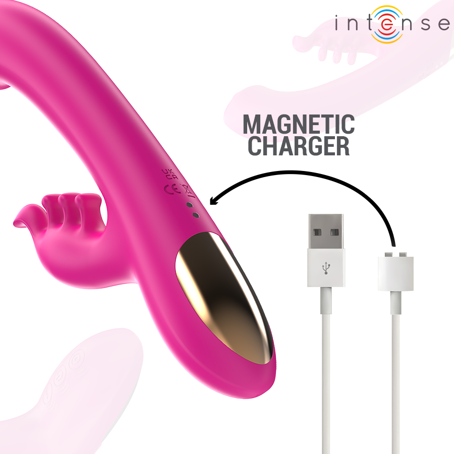 Pink multifunction rabbit vibrator with gold accent and magnetic USB charger cable.