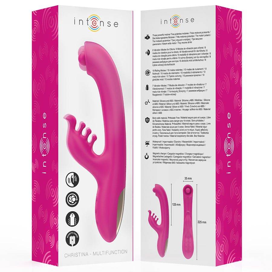 Pink multifunction rabbit vibrator with curved shaft and textured clitoral stimulator on white packaging.