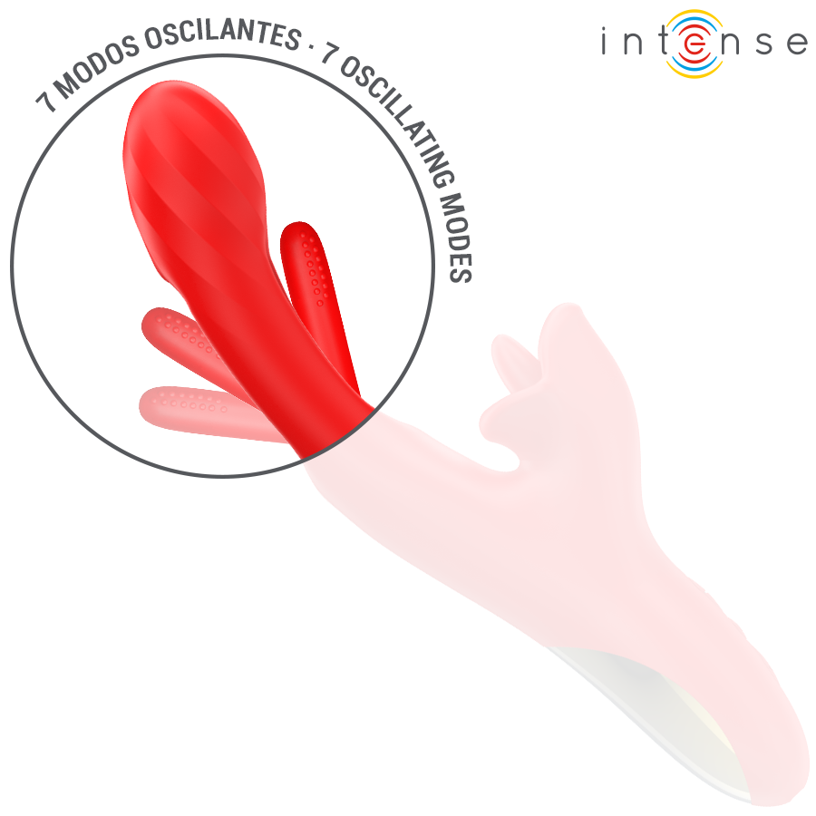 Red multifunction vibrator with textured clitoral stimulator and ergonomic curved tip.