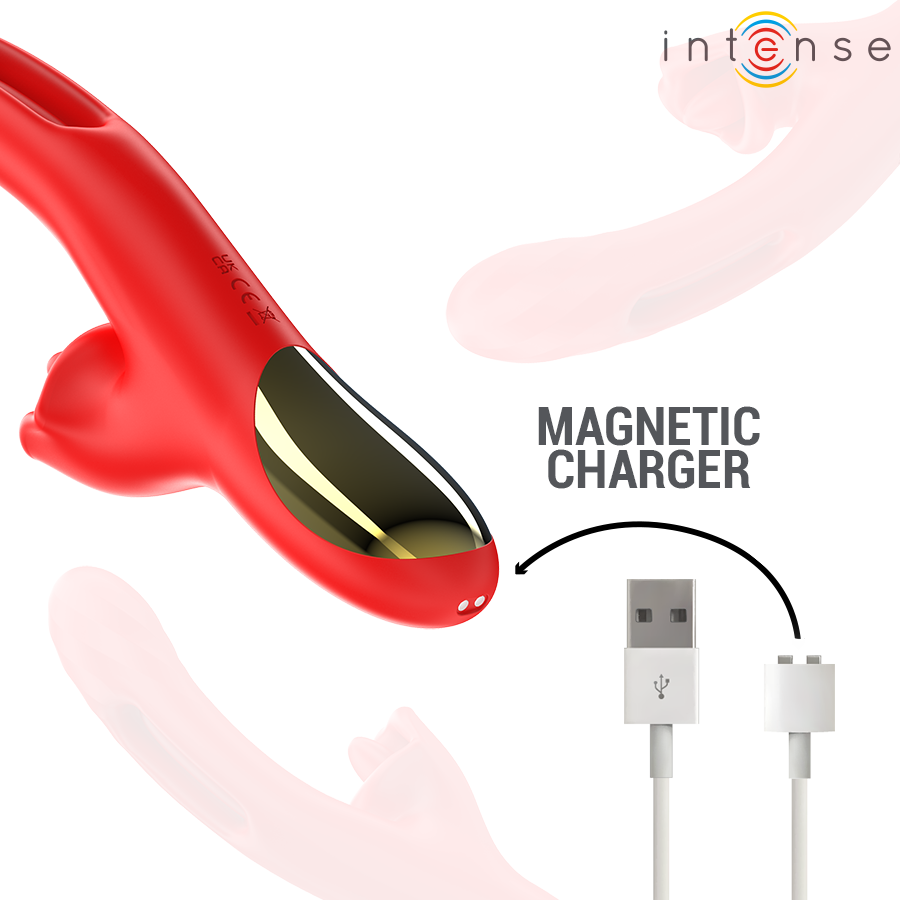 Red multifunction vibrator with curved design, clitoral stimulator, and gold-accented magnetic charging port.