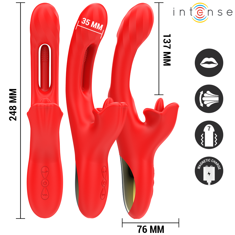 Red multifunction vibrator with curved clitoral stimulator and textured tip, 24.8 cm long.