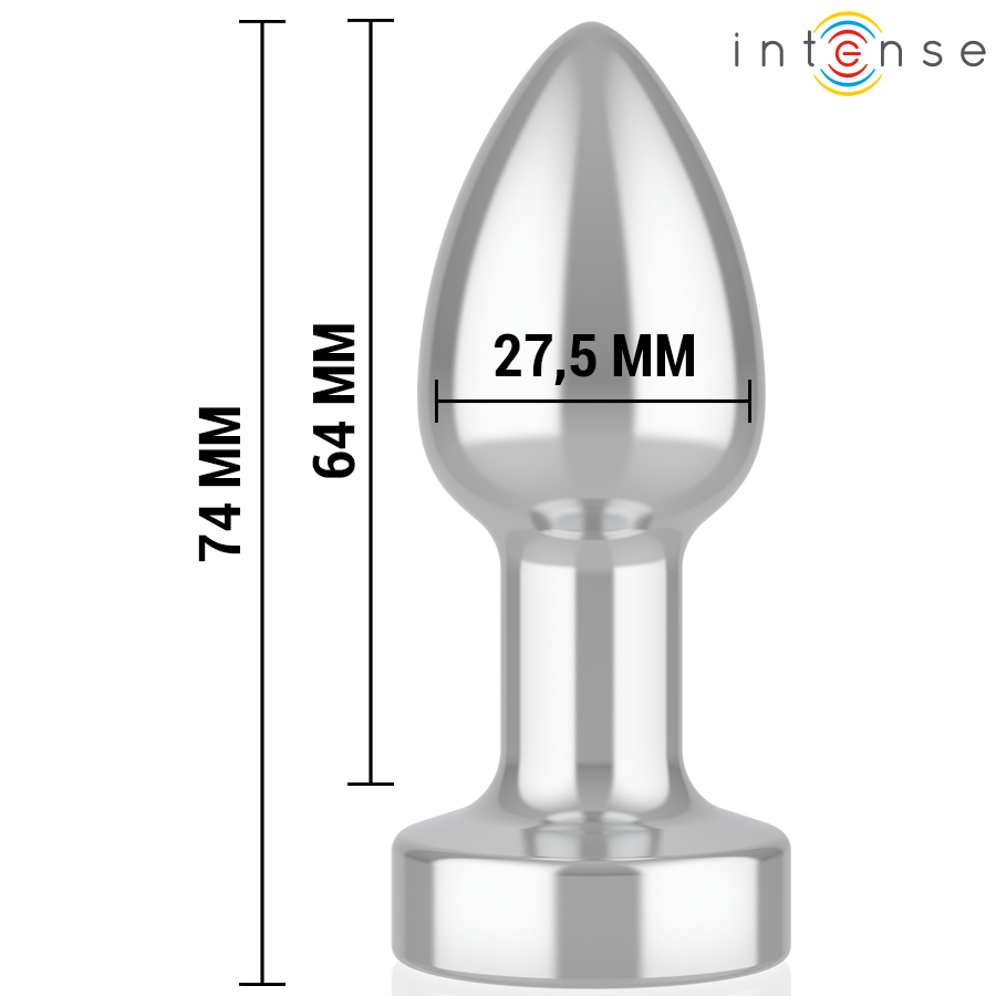 Silver metal anal plug with tapered tip and flared base, 74mm length, 27.5mm width.
