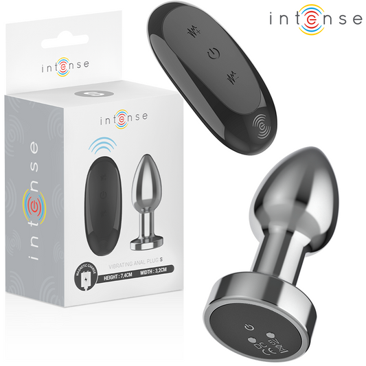 Metal anal plug with tapered tip and remote control featuring vibration mode buttons and LED indicators next to product box.