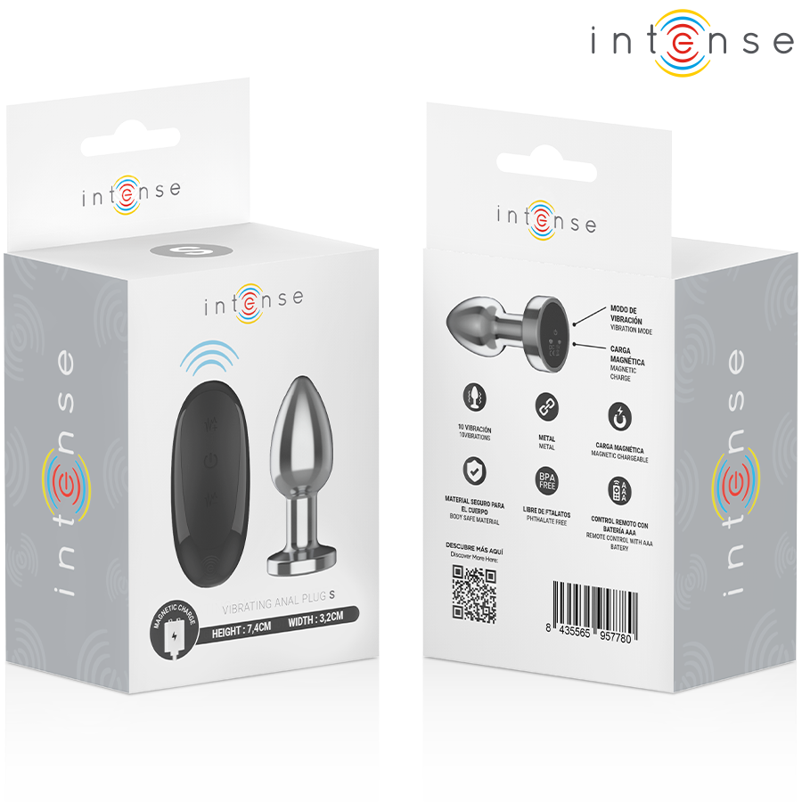 Metal anal plug with black remote control and 10 vibration settings in white Intense-branded box.