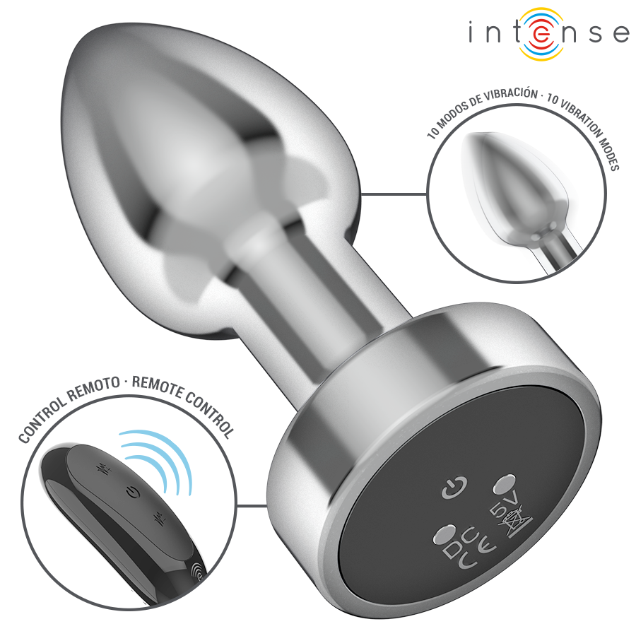 Metal anal plug with tapered design and remote control featuring 10 vibration modes and LED indicators.