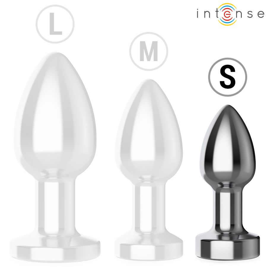 Set of three metal anal plugs in large, medium, and small sizes, with smooth, tapered design and flared bases; small plug.