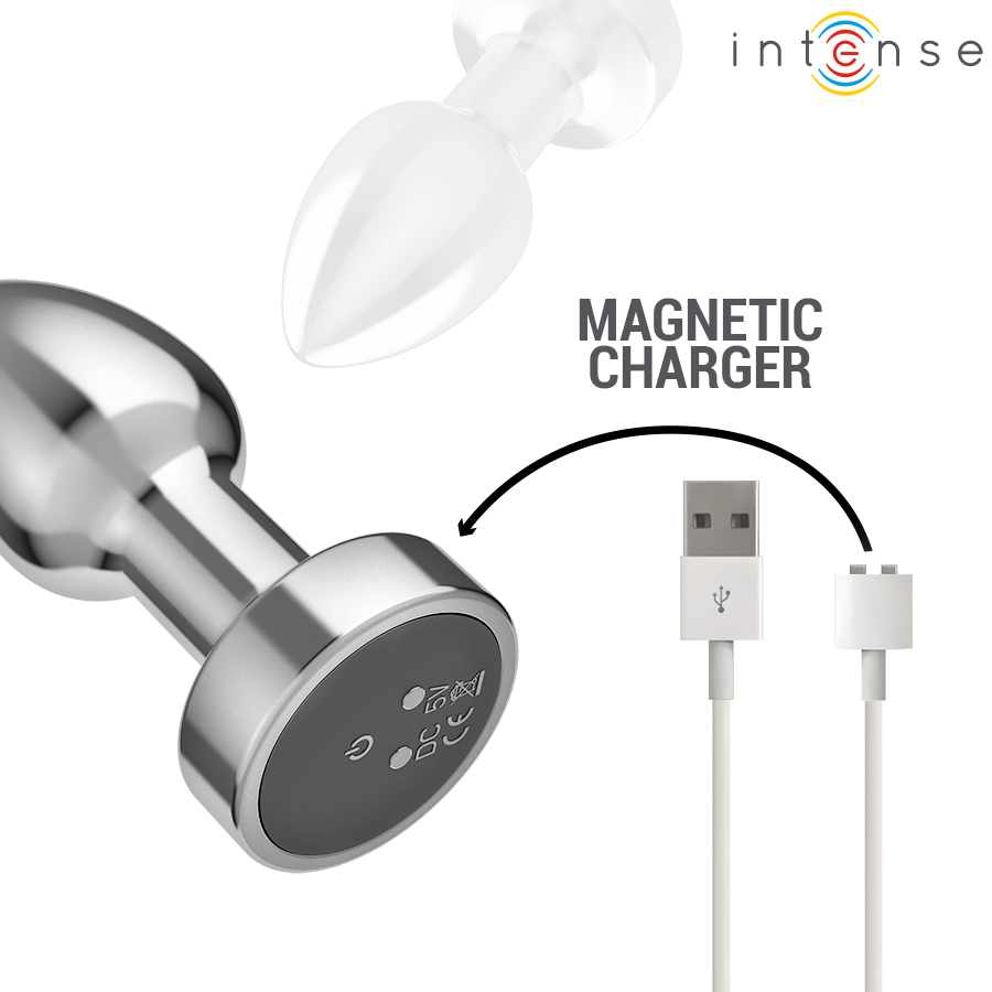 Metal anal plug with tapered tip and flared base featuring magnetic USB charger connection.