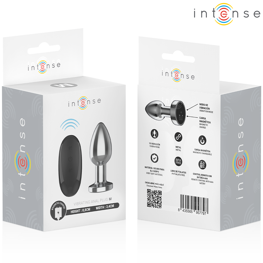 Metal anal plug with black remote control showing vibration settings on white packaging.