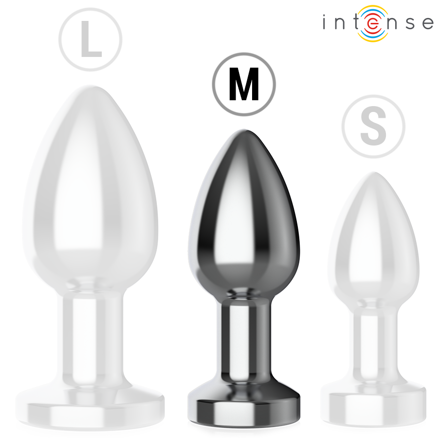 Medium-sized reflective metal anal plug with tapered shape and flared base labeled M.