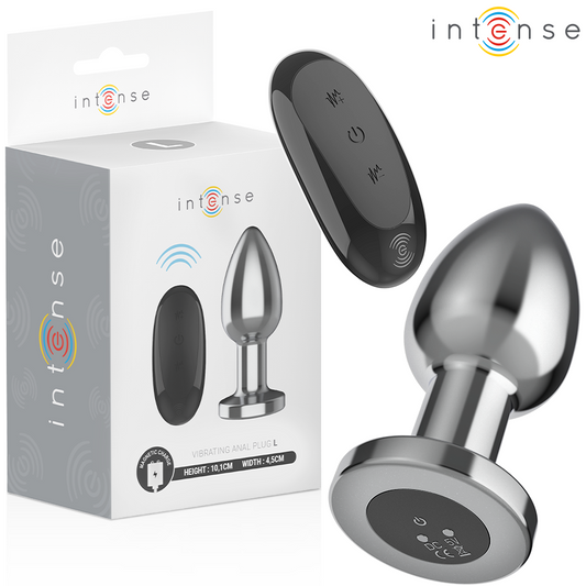 Metal anal plug with tapered tip and flared base, black wireless remote control, white and gray packaging with brand logo.